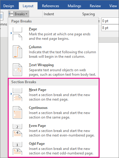 MS Word Section Break